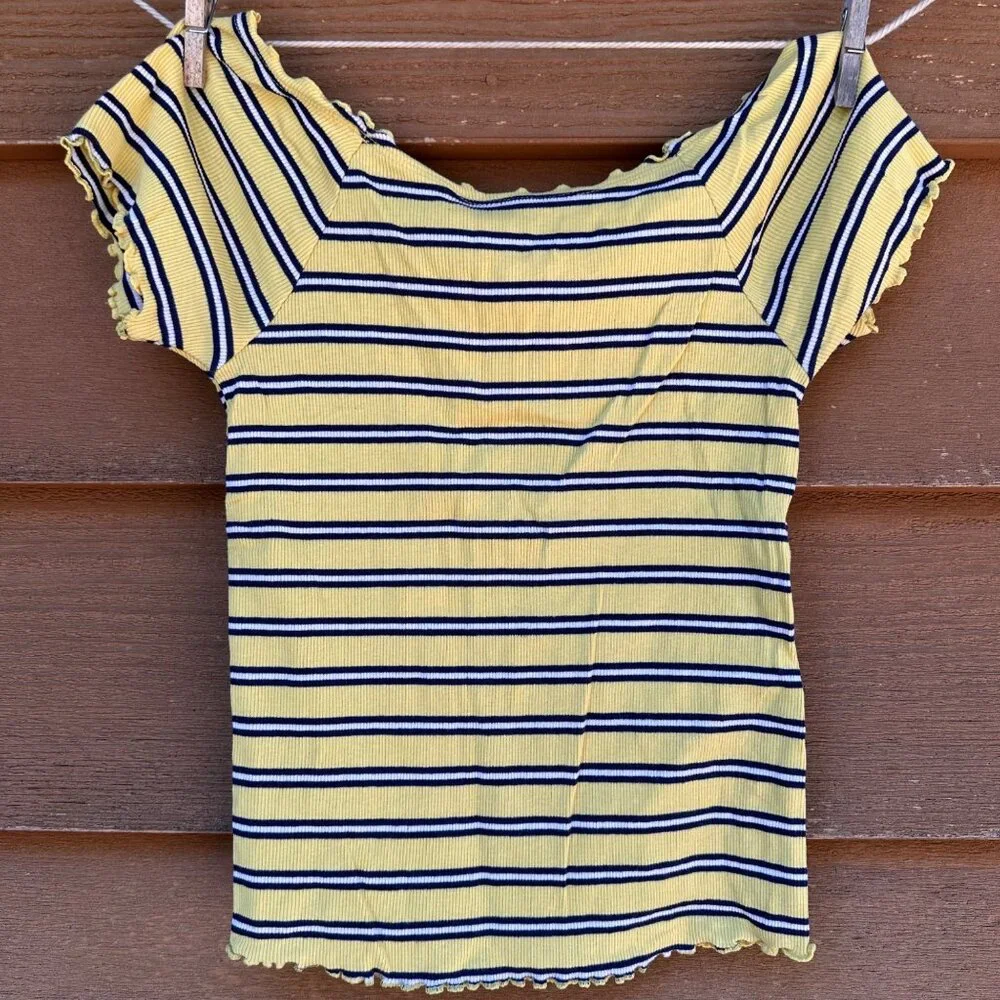 Justice Girls Yellow & Navy Striped Ribbed Top Lettuce Trim Short Sleeve Size 12